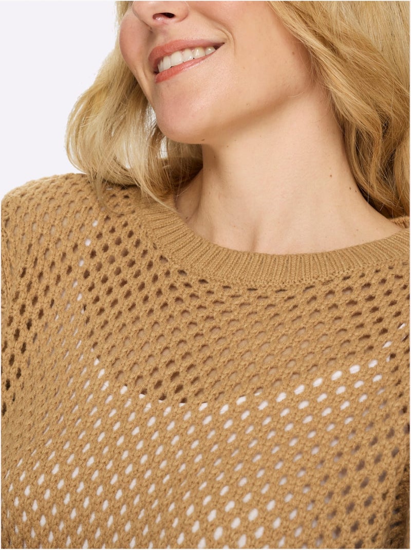 Pull ajouré à encolure ronde et manches 3/4 en maille légère - Taille standard - Moda Vilona Doré - Kiabi