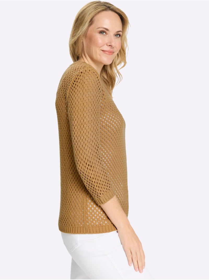 Pull ajouré à encolure ronde et manches 3/4 en maille légère - Taille standard - Moda Vilona Doré - Kiabi