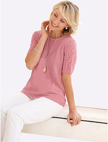 Pull à col rond avec manches courtes ajourées et finition côtelée - Taille standard - Witt