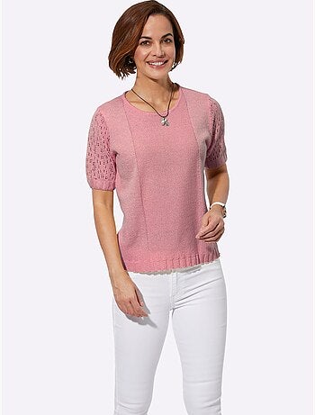 Pull à col rond avec manches courtes ajourées et finition côtelée - Taille standard - Witt