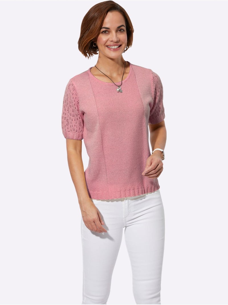 Pull ajouré à manches courtes avec finitions côtelées extensibles - Taille standard - Witt Rose - Kiabi