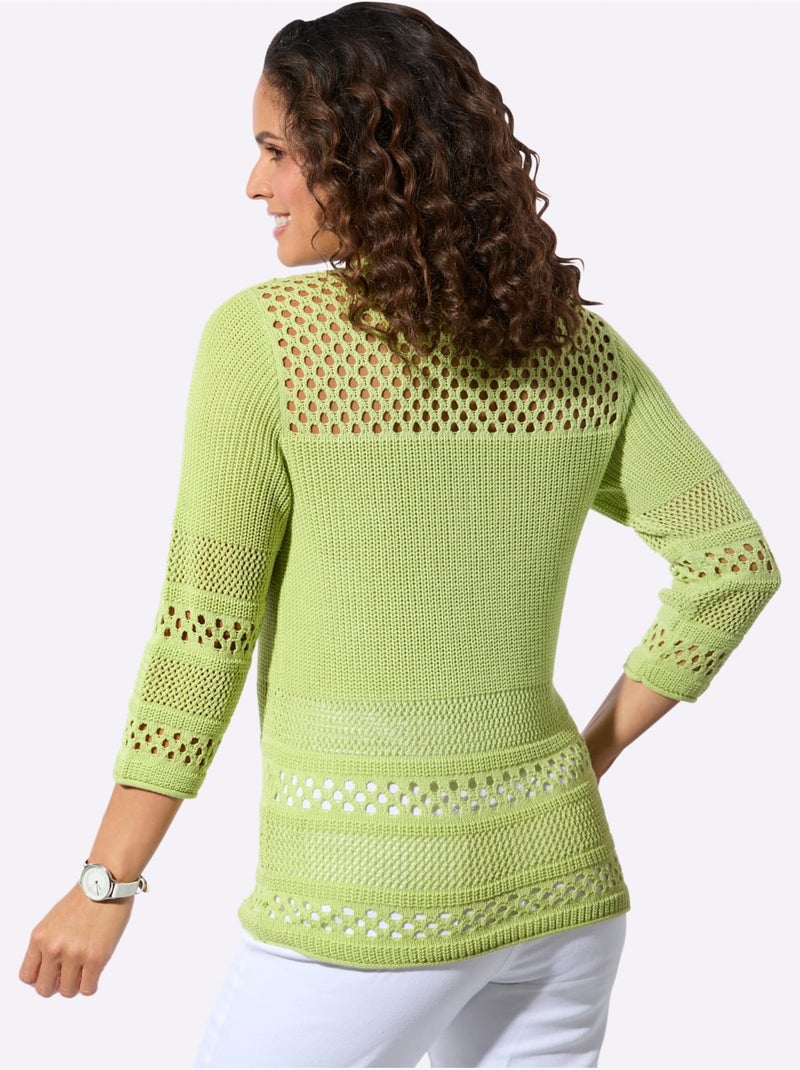 Pull ajouré avec col rond et manches 3/4 décoratif - Taille standard - Witt Vert pistache - Kiabi