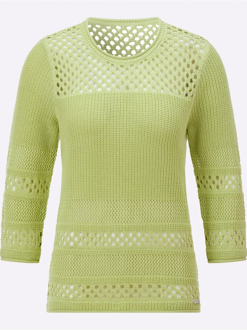 Pull ajouré avec col rond et manches 3/4 décoratif - Taille standard - Witt Vert pistache - Kiabi