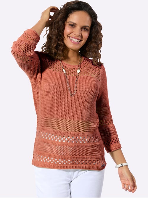 Pull ajouré avec col rond et manches 3/4 en tricot varié - Taille standard - Witt - Kiabi