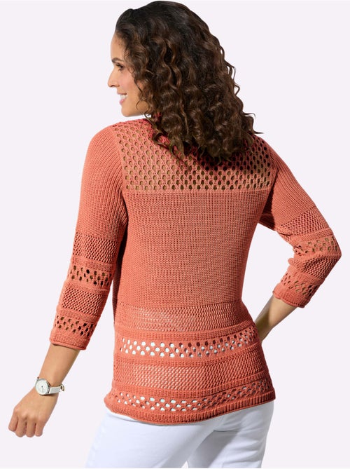 Pull ajouré avec col rond et manches 3/4 en tricot varié - Taille standard - Witt - Kiabi