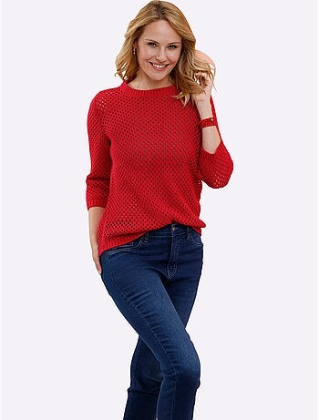Pull ajouré à encolure ronde et manches 3/4 en maille légère - Taille standard - Moda Vilona