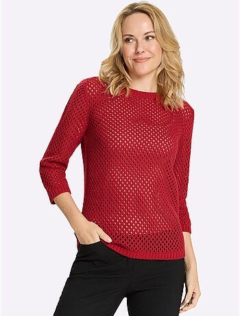 Pull ajouré à encolure ronde et manches 3/4 en maille légère - Taille standard - Moda Vilona