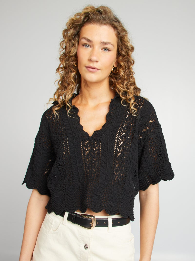 Pull ajouré col polo noir - Kiabi