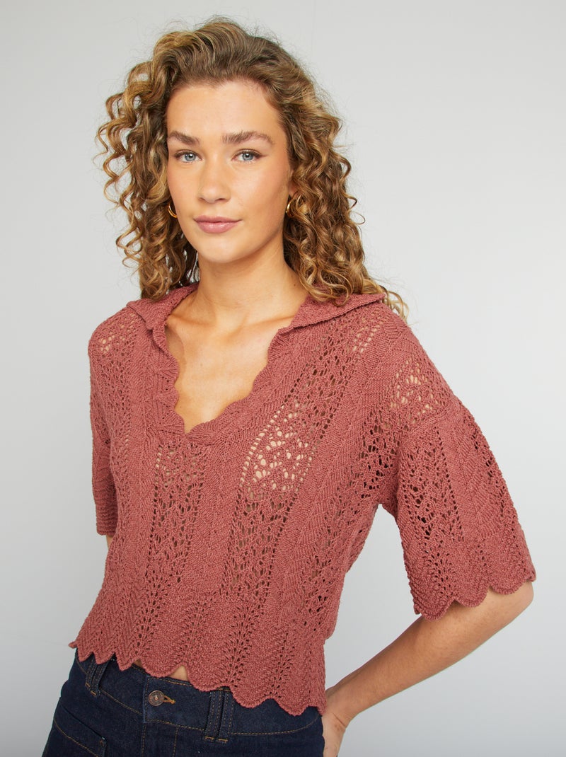 Pull ajouré col polo Rose - Kiabi