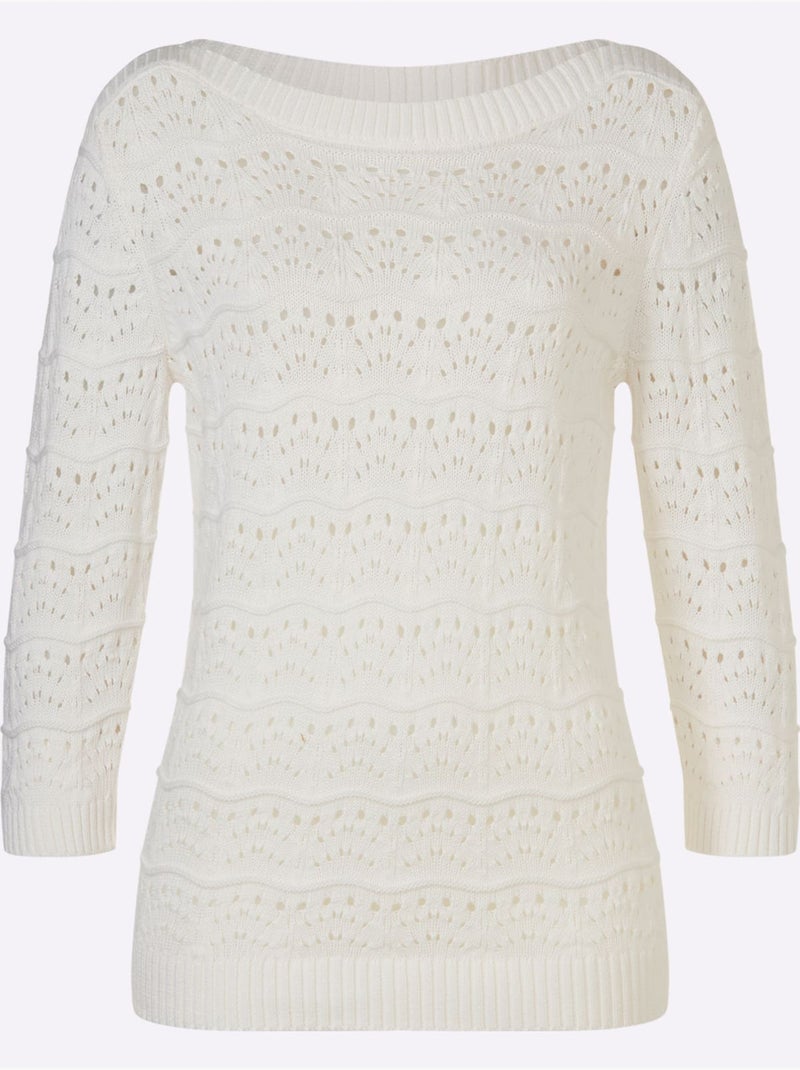 Pull ajouré en coton avec col U et manches 3/4 - Taille standard - Moda Vilona Blanc - Kiabi