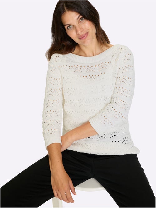 Pull ajouré en coton avec col U et manches 3/4 - Taille standard - Moda Vilona - Kiabi Pull ajouré en coton avec col U et manches 3/4 - Taille standard - Moda Vilona - Kiabi