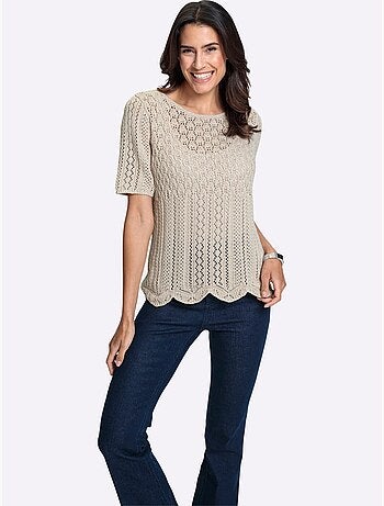 Pull ajouré en fil chiné à col rond et manches courtes - taille standard - witt