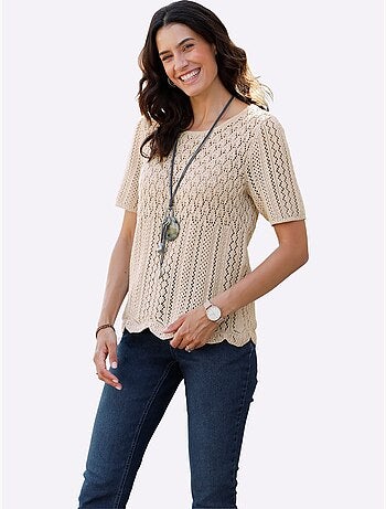 Pull ajouré en fil chiné à col rond et manches courtes - taille standard - witt