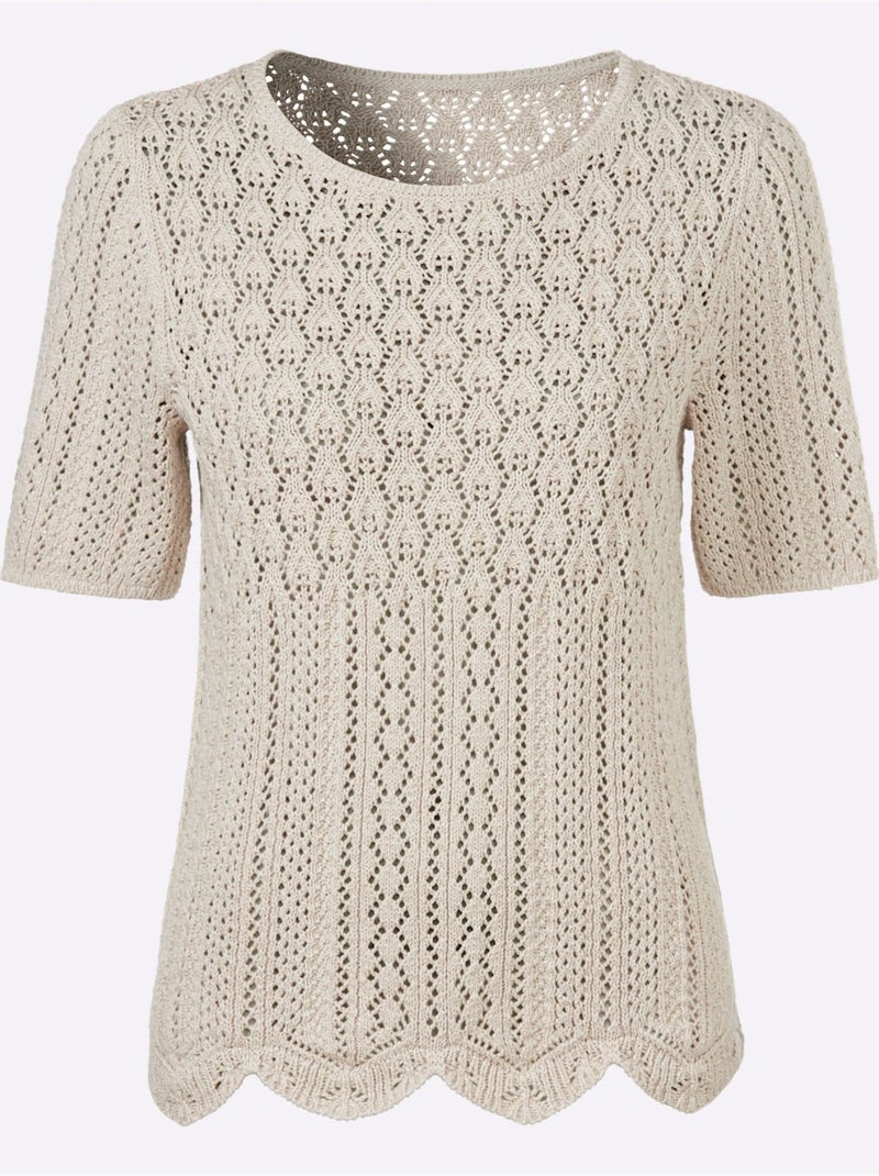 Pull ajouré en fil chiné à col rond et manches courtes - taille standard - witt Ecru - Kiabi