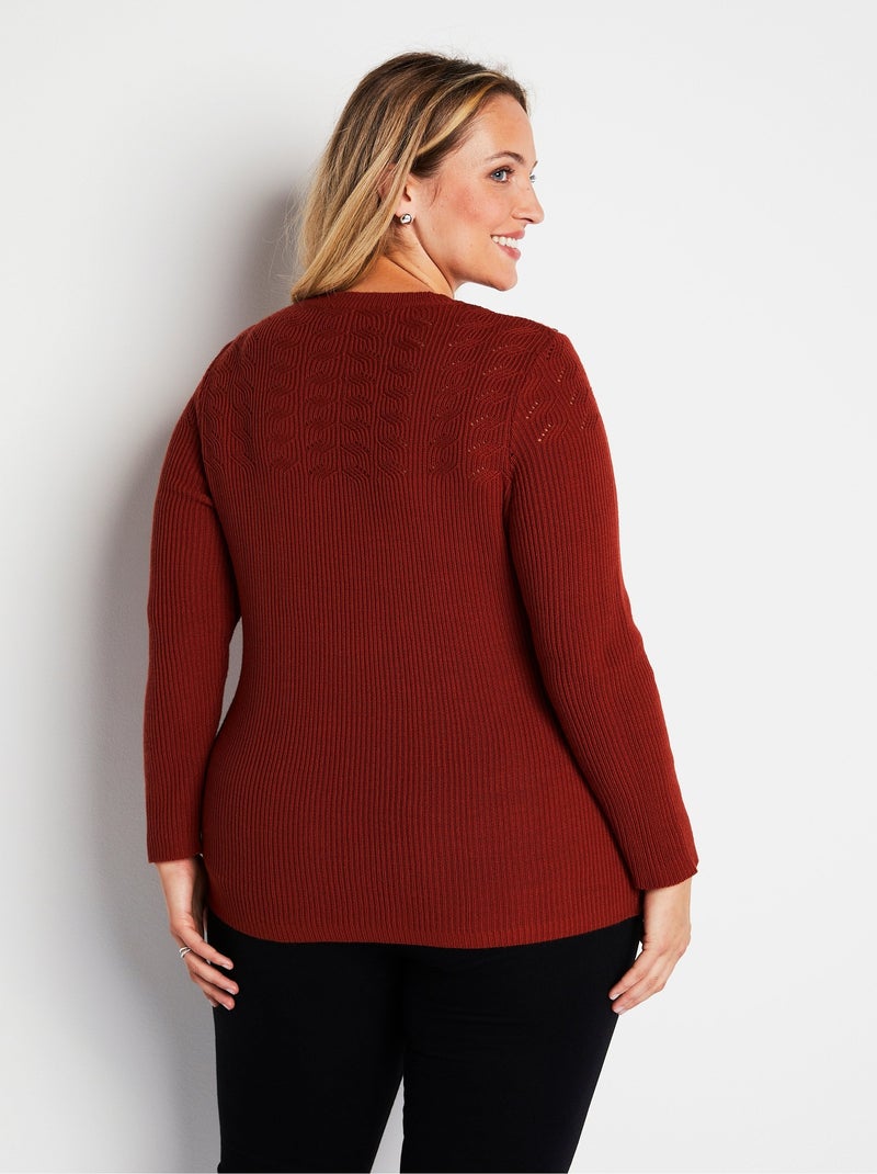 Pull ajouré maille côtelée col rond Rouge - Kiabi