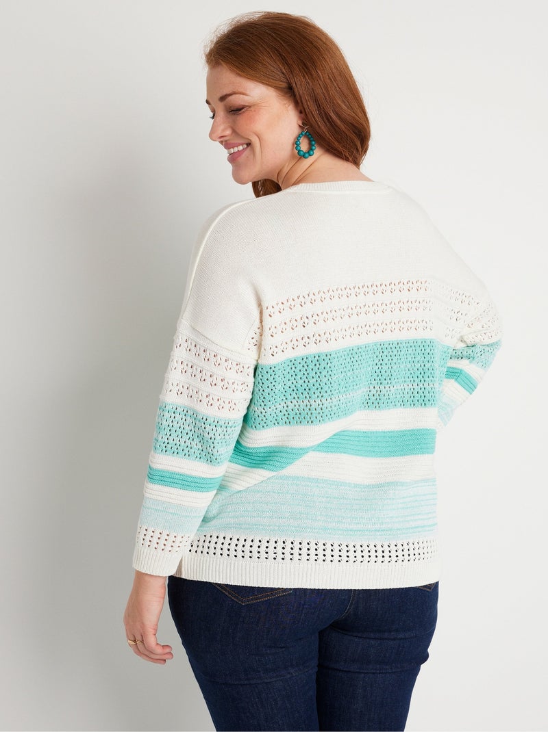 Pull ajouré manches 3/4 coton - afibel Bleu aqua - Kiabi