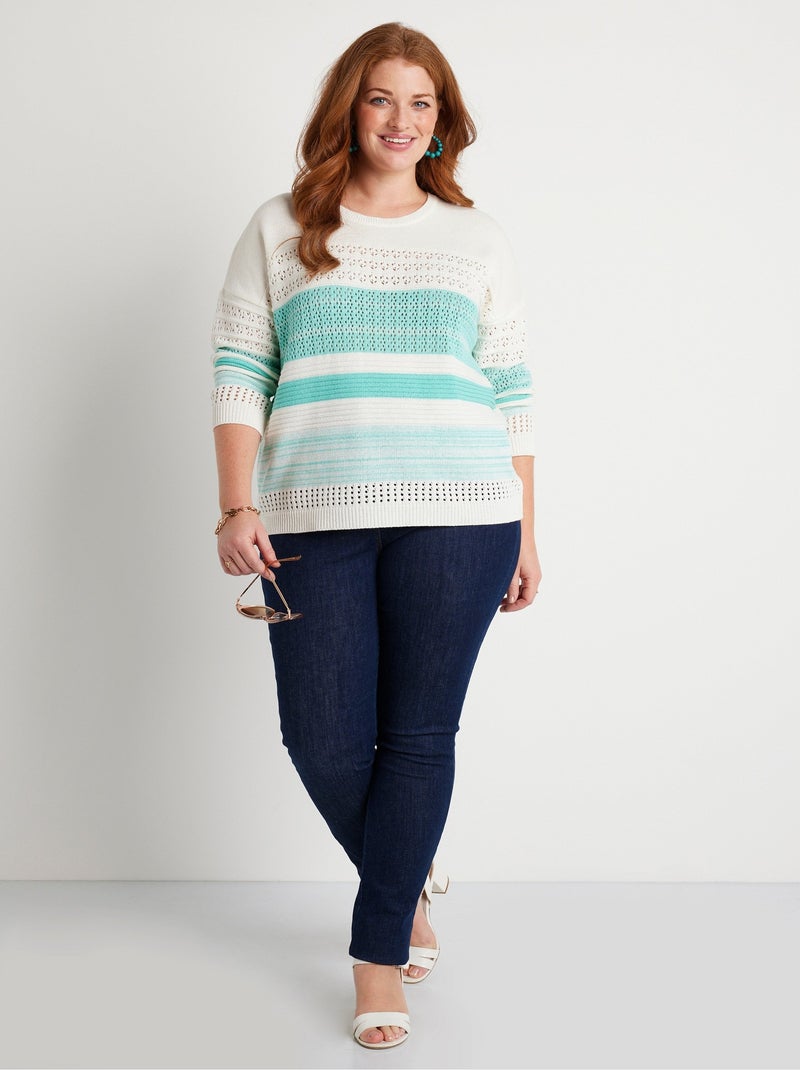 Pull ajouré manches 3/4 coton - afibel Bleu aqua - Kiabi