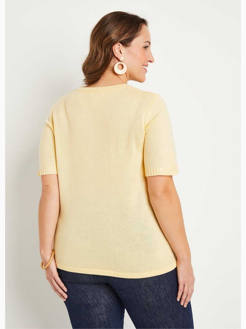 Pull ajouré perlé manches courtes Jaune - Kiabi