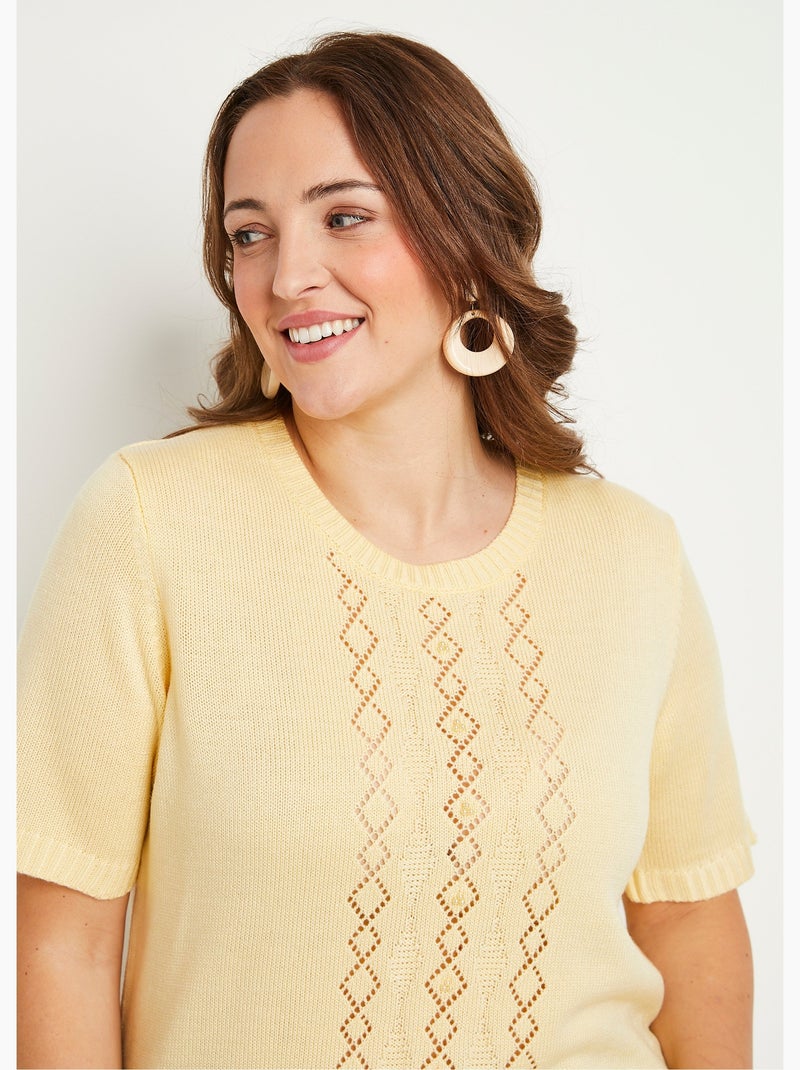 Pull ajouré perlé manches courtes Jaune - Kiabi
