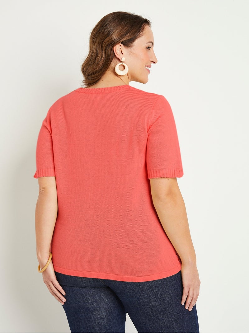 Pull ajouré perlé manches courtes Orange corail - Kiabi