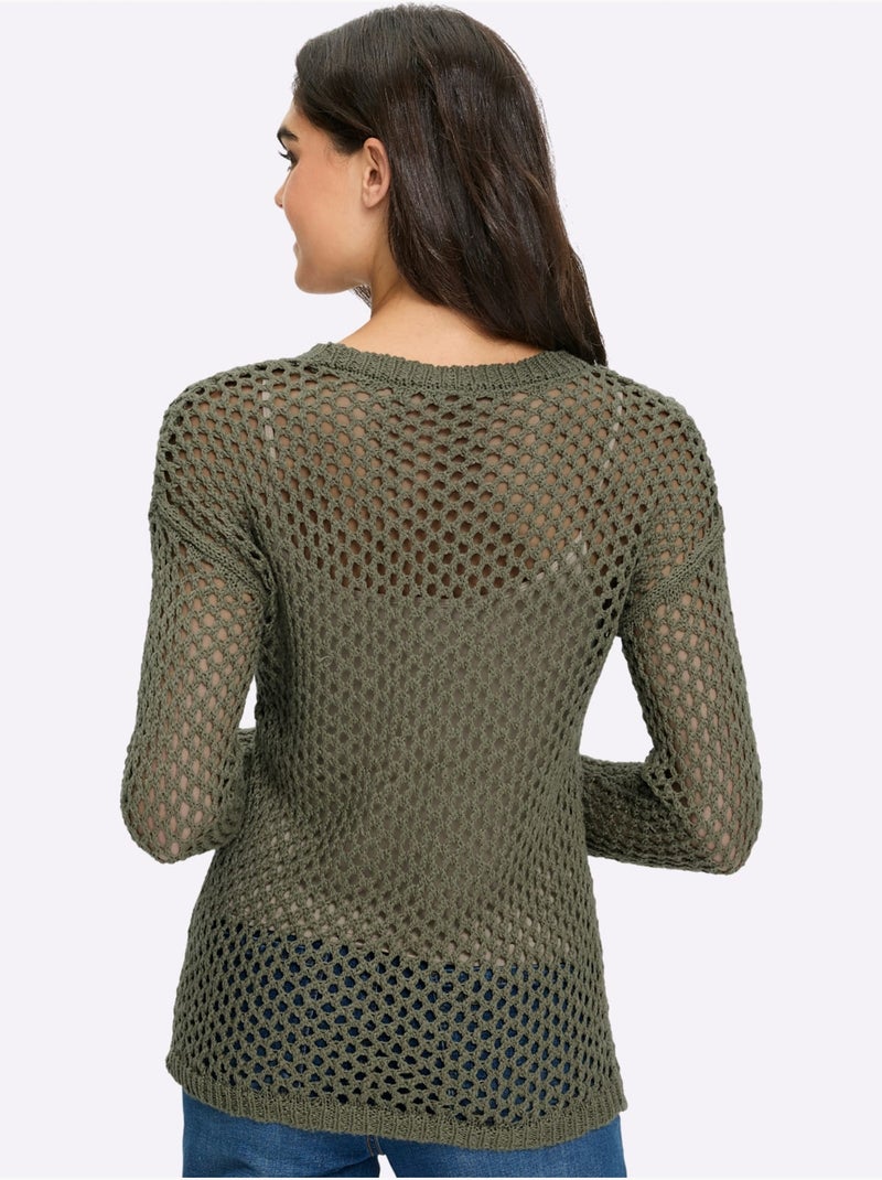 Pull Ajouré Pur Coton - Taille Standard - Helline Kaki - Kiabi