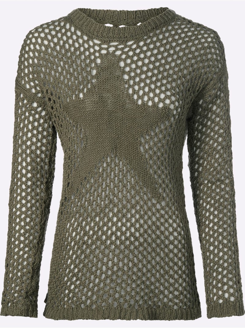 Pull Ajouré Pur Coton - Taille Standard - Helline Kaki - Kiabi