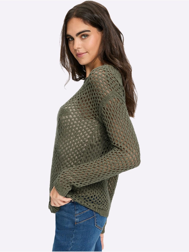 Pull Ajouré Pur Coton - Taille Standard - Helline Kaki - Kiabi