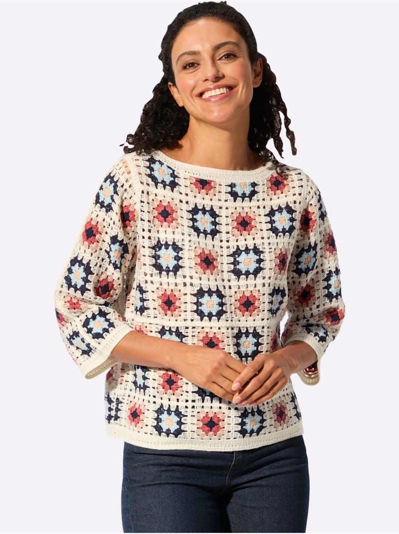 Pull Aspect Crochet - Taille Standard - Witt Ecru/Rouge - Kiabi