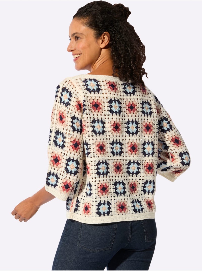 Pull Aspect Crochet - Taille Standard - Witt Ecru/Rouge - Kiabi