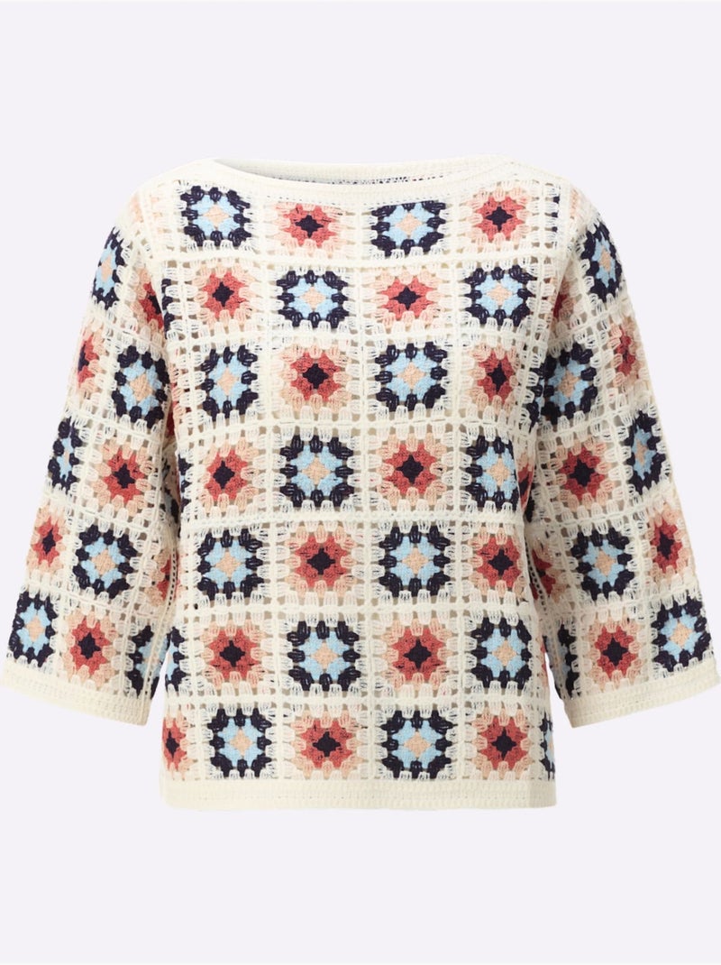 Pull Aspect Crochet - Taille Standard - Witt Ecru/Rouge - Kiabi