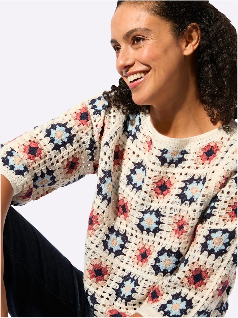 Pull Aspect Crochet - Taille Standard - Witt Ecru/Rouge - Kiabi