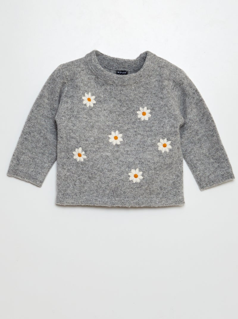 Pull avec broderies en forme de fleurs Gris - Kiabi