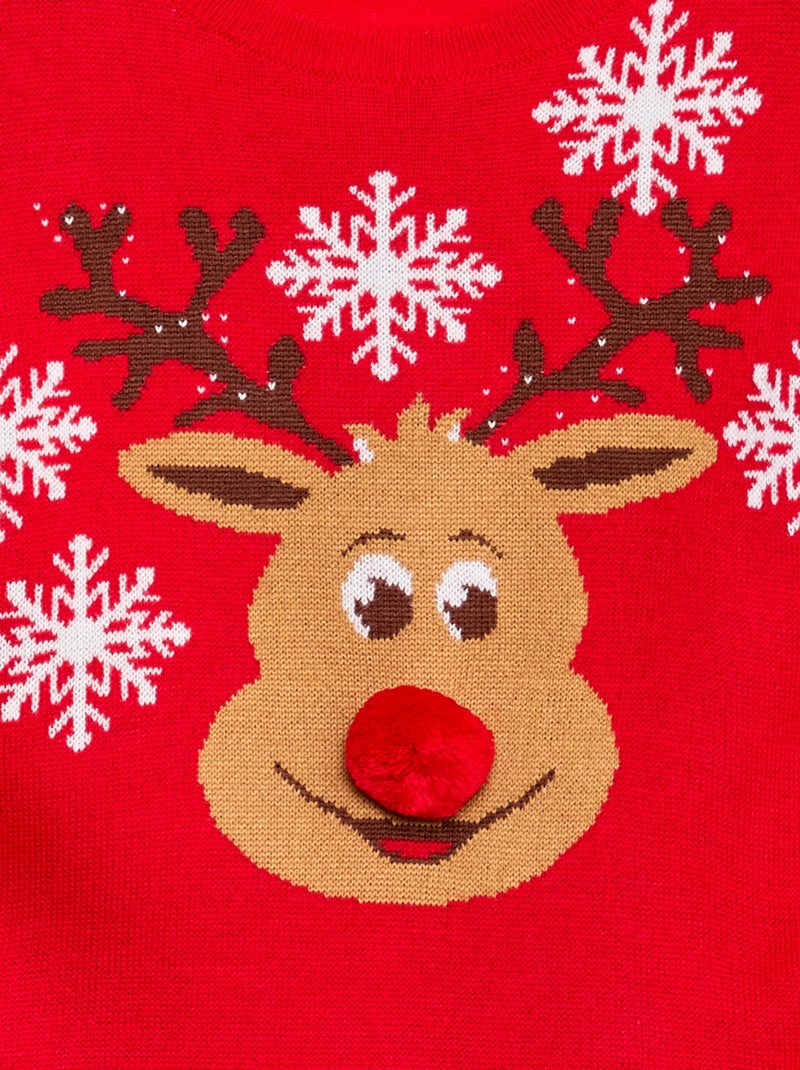 Pull avec 'cerf' imprimé  + pompon Rouge - Kiabi