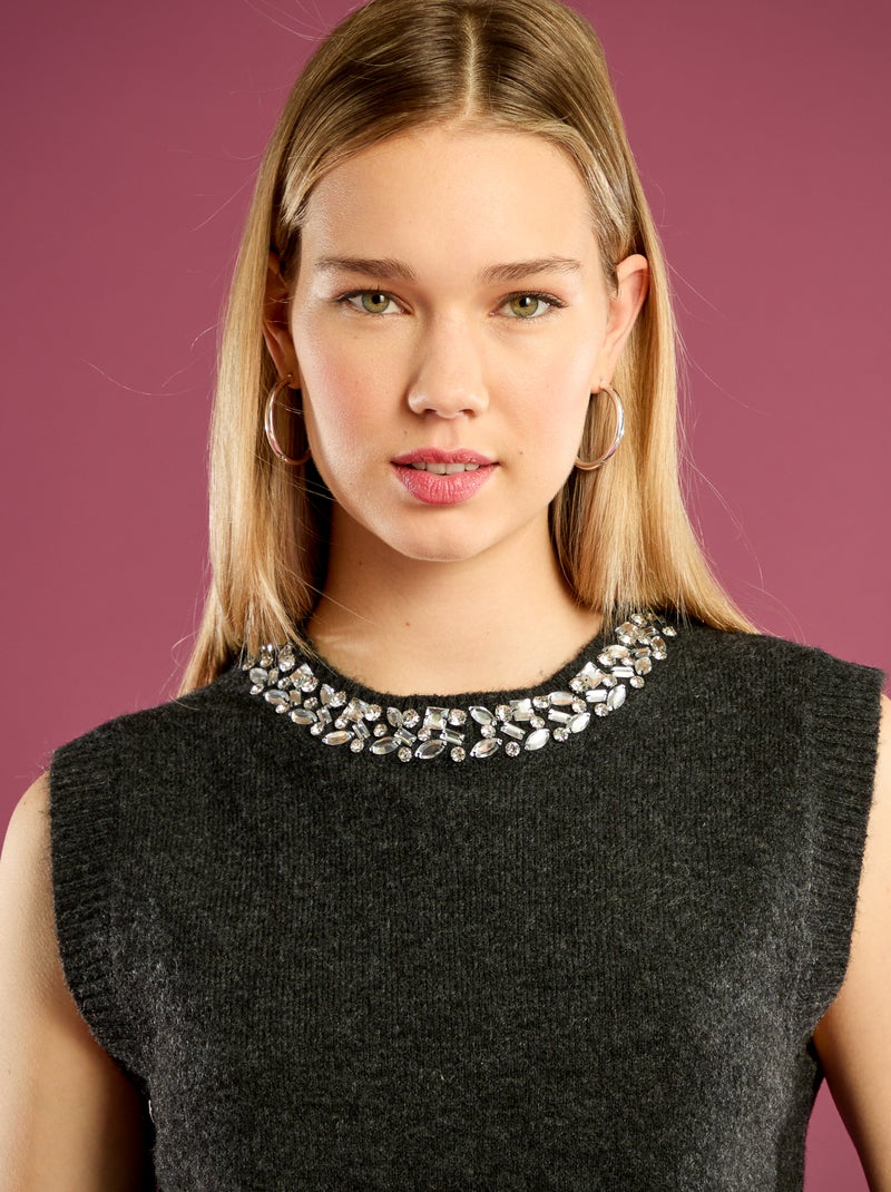 Pull avec col à bijoux sans manches Gris - Kiabi