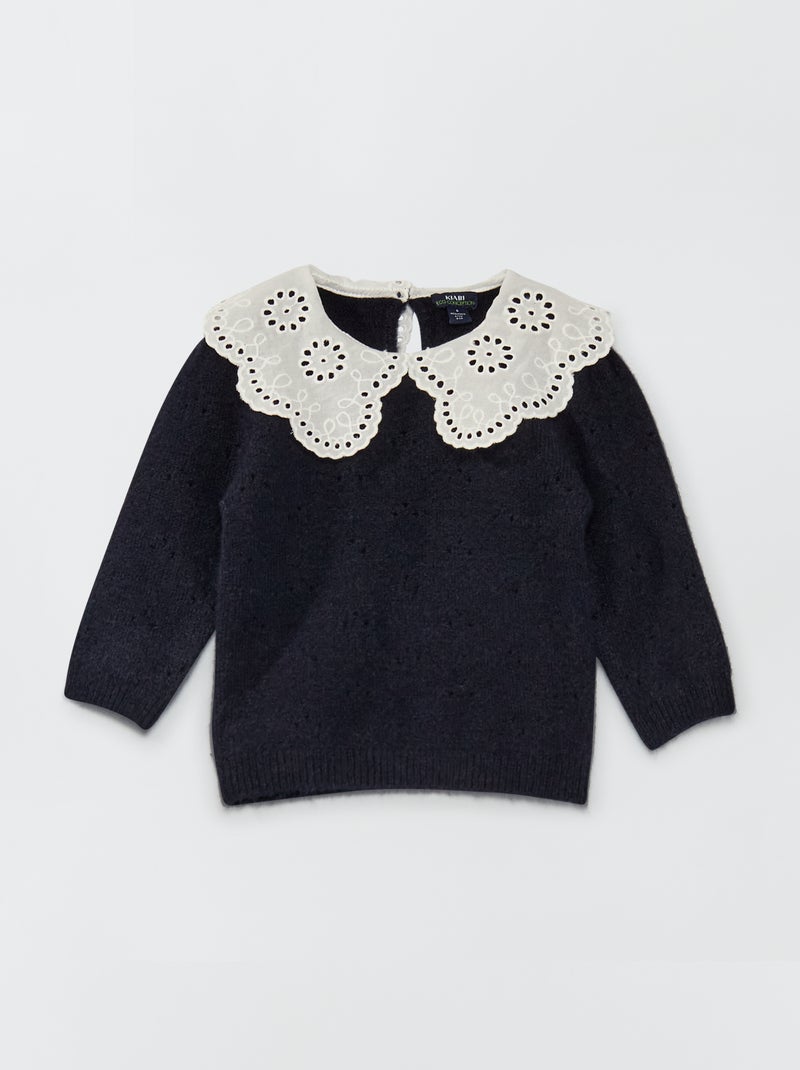 Pull avec col broderie anglaise Bleu marine - Kiabi