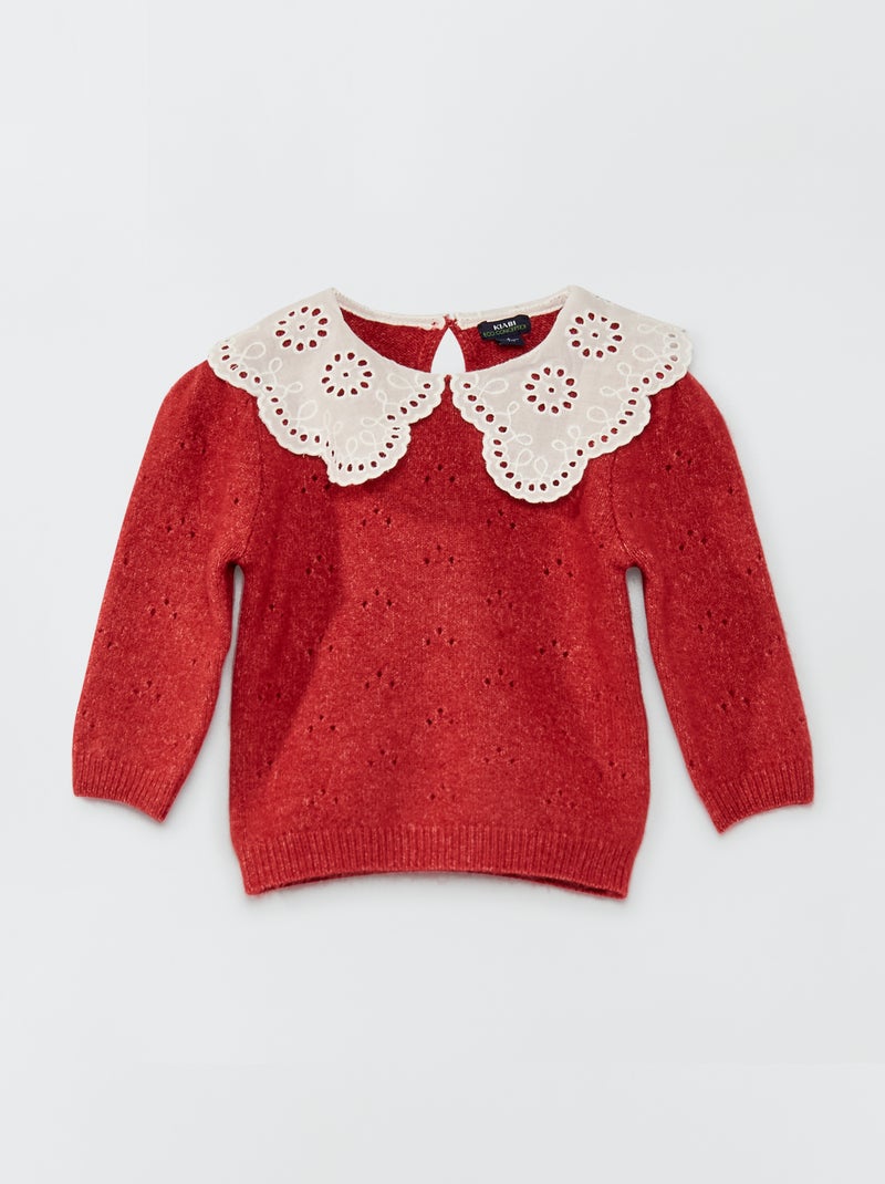 Pull avec col broderie anglaise Rouge bordeaux - Kiabi