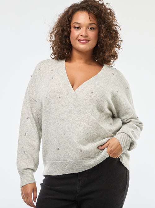 Pull avec col cache-cœur et strass fantaisies - Kiabi