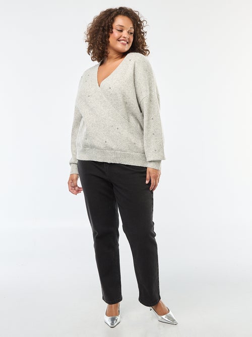 Pull avec col cache-cœur et strass fantaisies - Kiabi