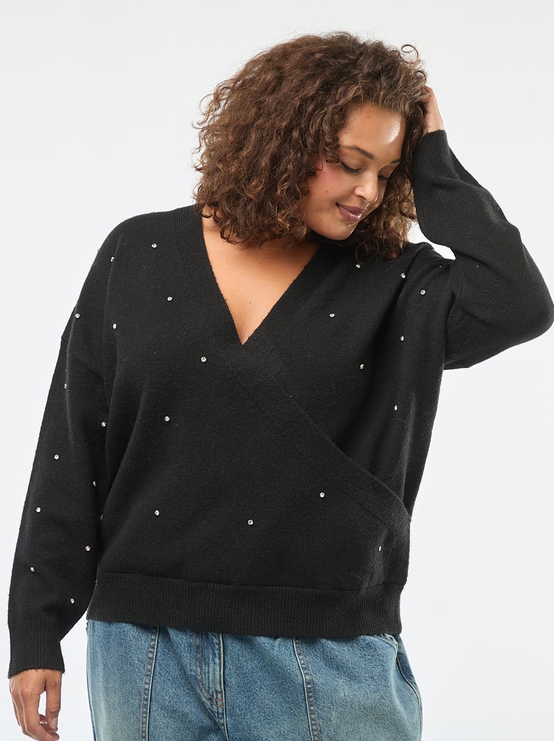 Pull avec col cache-cœur et strass fantaisies Noir - Kiabi