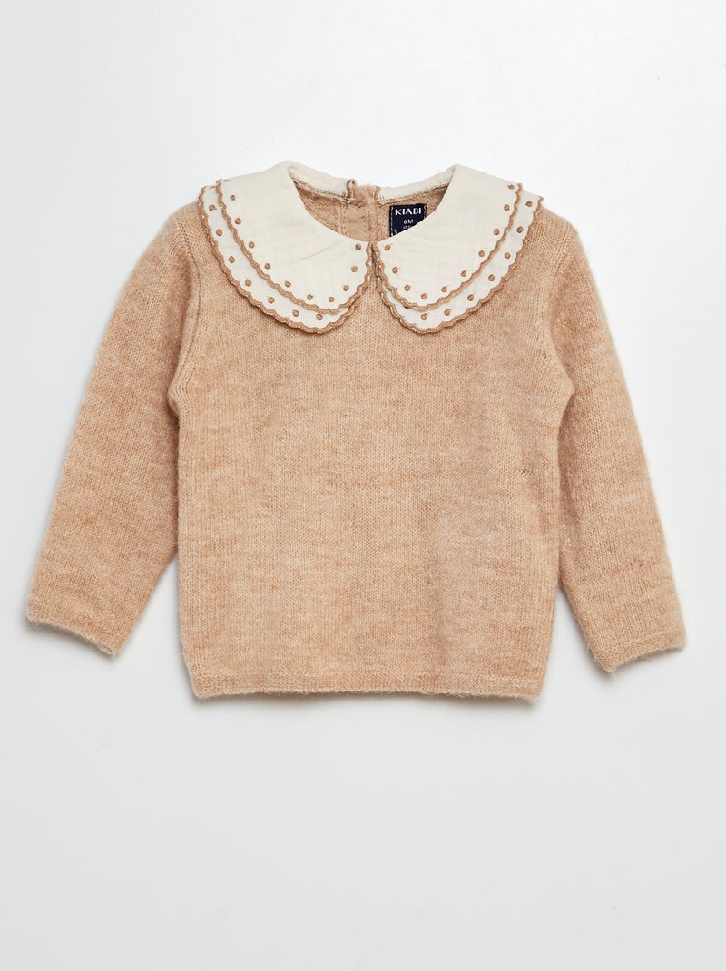 Pull avec col en gaze de coton BEIGE - Kiabi