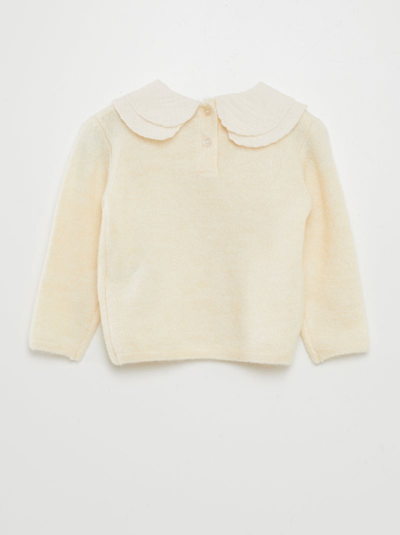 Pull avec col en gaze de coton Ecru - Kiabi