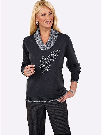 Pull avec col en v et broderie florale brillante - taille standard - moda vilona