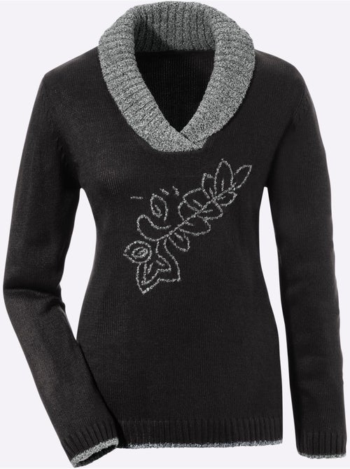 Pull avec col en v et broderie florale brillante - taille standard - moda vilona - Kiabi Pull avec col en v et broderie florale brillante - taille standard - moda vilona - Kiabi