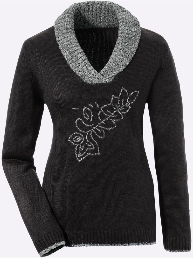 Pull avec col en v et broderie florale brillante - taille standard - moda vilona gris anthracite - Kiabi