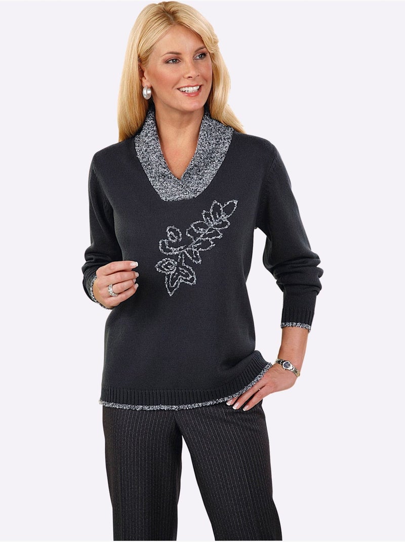 Pull avec col en v et broderie florale brillante - taille standard - moda vilona gris anthracite - Kiabi