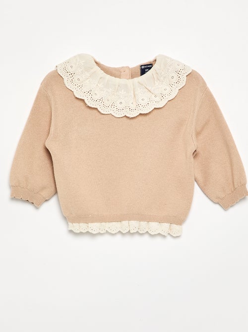 Pull avec col fantaisie en broderie anglaise - Kiabi