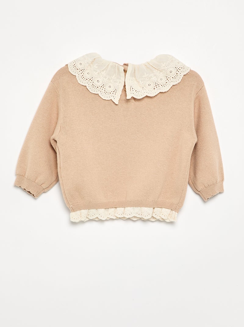 Pull avec col fantaisie en broderie anglaise Beige - Kiabi