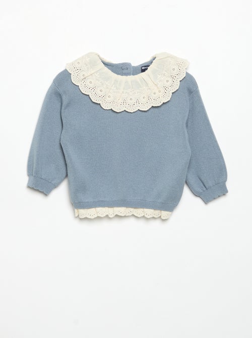 Pull avec col fantaisie en broderie anglaise - Kiabi