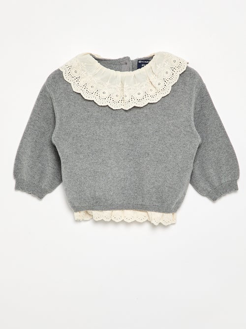 Pull avec col fantaisie en broderie anglaise - Kiabi