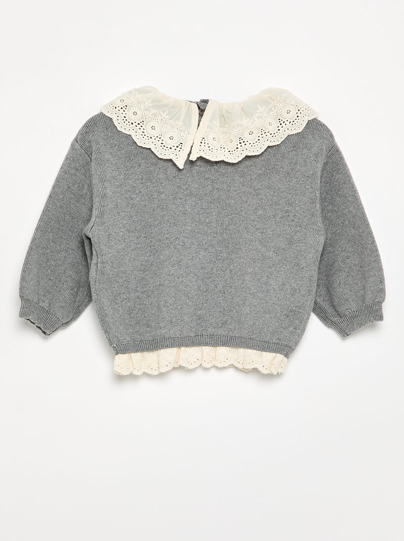 Pull avec col fantaisie en broderie anglaise Gris - Kiabi